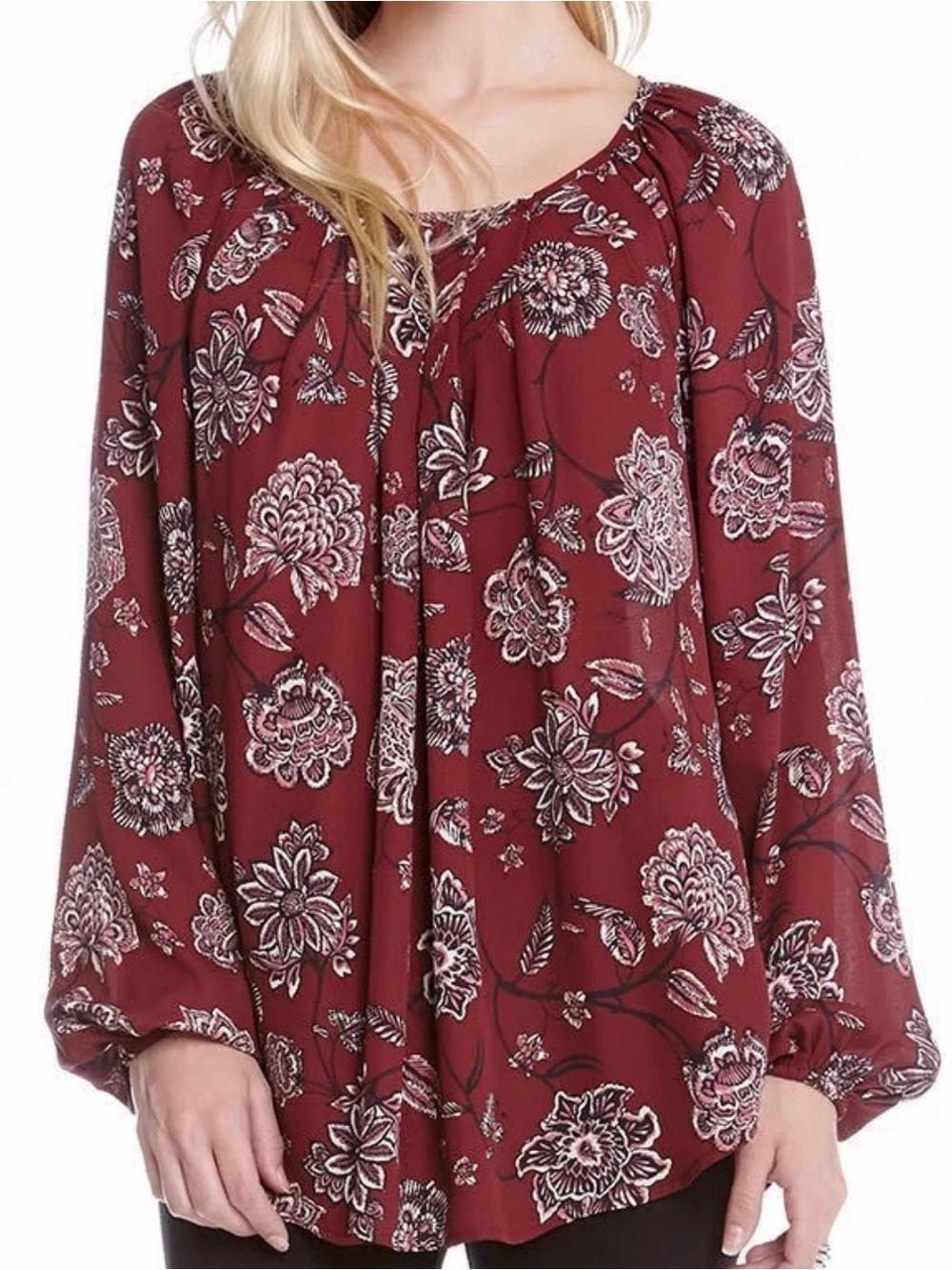 Karen Kane Burgundy Floral Long-Sleeve Pleated Blouse XL